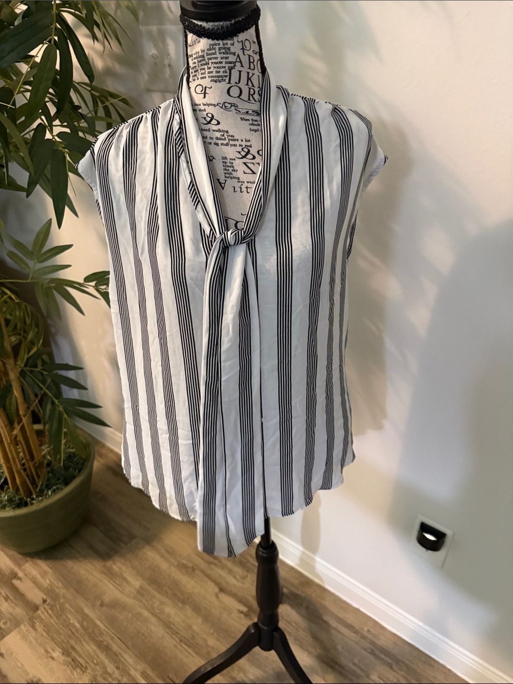 New York & Company Black and White Vertical Stripe Tie-Neck Sleeveless Blouse